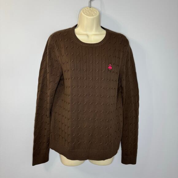 Brooks Brothers 346 Brown Cable Knit Crew Neck Sweater Cotton Preppy Women's XL - Picture 1 of 11